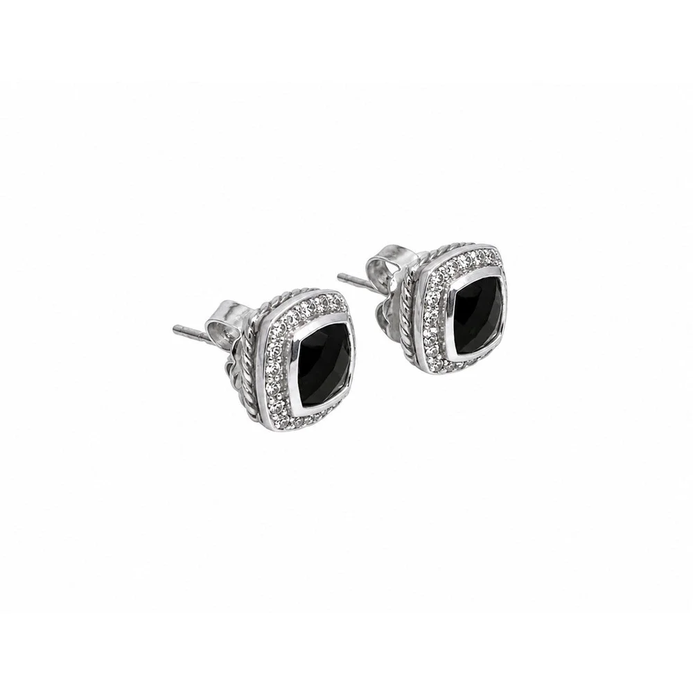 David Yurman Albion 7mm Black Onyx Diamond Stud Earrings Sterling Silver